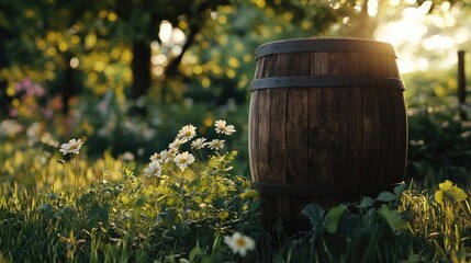 Poster - Weathered Wooden Barrel Surrounded by Nature and Flowers in Soft Light with Empty Space for Text or Branding