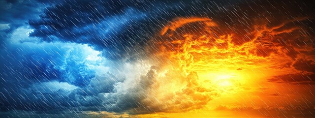 Poster - dramatic thunderstorm sky with dark rain clouds and vibrant sunset colors creating turbulent atmosph
