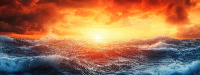 Poster - Dramatic Sunset Over Ocean with Gentle Waves and Vibrant Sky Ideal for Nature Background or Inspirational Text Overlay