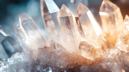 Poster - Close Up of a Shimmering Quartz Crystal Cluster with Soft Lighting and a Blank Space for Text or Graphic Overlays
