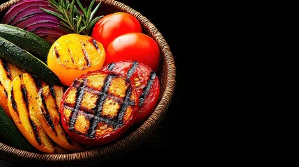 Wall Mural - Grilled Vegetable Medley with Fresh Herbs on Dark Background