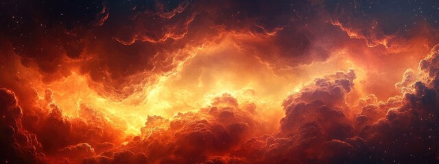 Poster - dramatic fiery clouds in a stormy sky with vibrant colors and empty space for text or design purpose