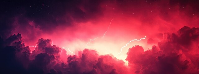 Poster - Dramatic Lightning Illuminating Stormy Night Sky with Colorful Clouds and Blank Space for Text Overlay