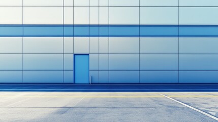 Poster - Modern airport arrival zone with minimalist architecture showcasing empty space for text and a contrasting blue door in the background.