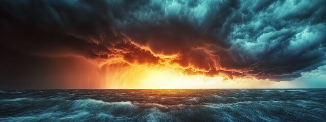 Poster - Dramatic storm clouds illuminated by sunset over the ocean creating a stunning natural seascape with empty space for text integration