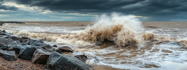 Poster - Dramatic Stormy Seascape Capturing Powerful Waves and Moody Skies with Ample Space for Text Overlay