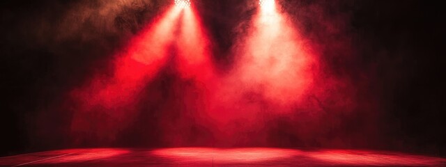 Poster - Dramatic red stage lighting with fog creating an atmospheric backdrop and ample space for text or promotional content