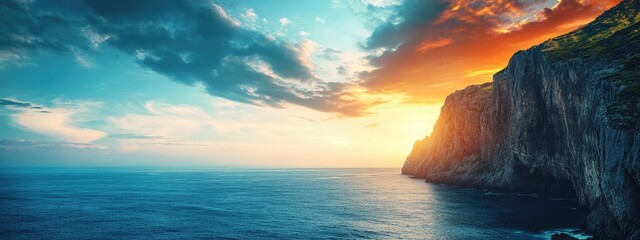 Poster - vibrant sunset over dramatic mountain cliffs with ocean waves and expansive sky ideal for text overl