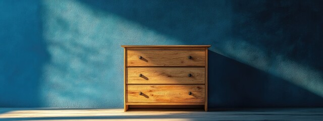 Poster - Wooden drawer chest illuminated by spotlight against a vibrant blue wall with ample space for text or design elements.