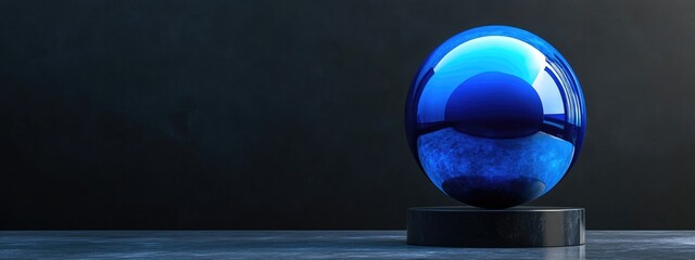 Poster - dramatic electric blue sphere on sleek pedestal with black background creating empty copy space for 
