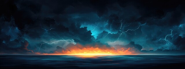 Poster - Dramatic Thunderstorm Sky with Lightning Over Ocean with Colorful Horizon and Empty Space for Text or Graphics