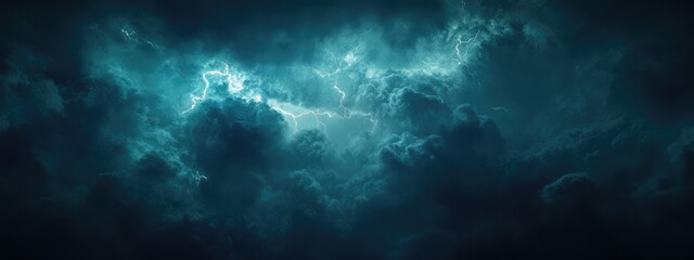 Poster - Dramatic stormy sky with vivid lightning and dark clouds offering ample empty space for text or graphics in a moody atmosphere