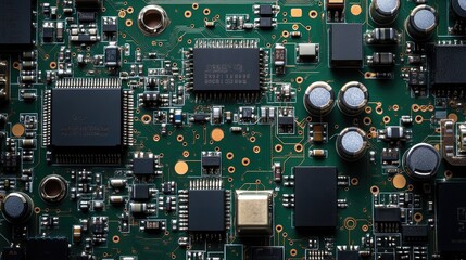 Aufkleber - Close up of an electronic circuit board with intricate components on a green background featuring ample space for text or design elements