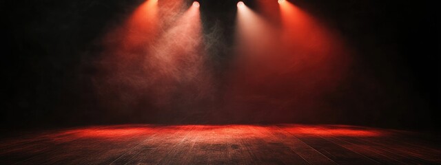 Poster - Dramatic stage spotlight illumination with smoky black background creating empty space for text and performance visuals
