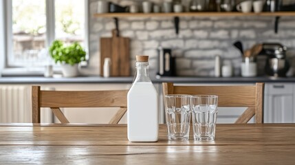 Poster - Modern kitchen interior featuring a dining table with a milk carton and empty glasses, providing ample space for text placement.