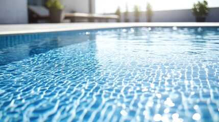 Poster - Macro shot of crystal clear water droplets splashing on a serene swimming pool surface with ample space for text and creative layouts