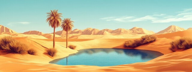 Poster - serene desert landscape with vibrant oasis and clear blue water offering ideal empty space for text 
