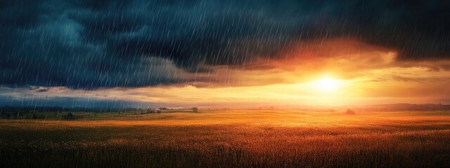 Poster - Dramatic Sunset Over Rainy Landscape with Expansive Sky and Text Space for Inspirational Quotes or Messages