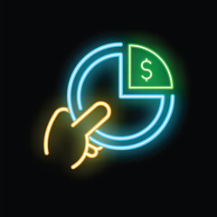 Poster - Neon sign illustrating a hand pointing a pie chart with dollar sign, perfect for topics like business and finance
