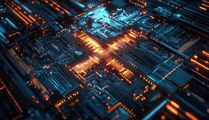 Poster - A digital artwork featuring an abstract circuit board design with glowing elements, creating the letter 'X'