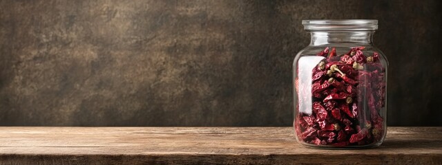 Poster - Dried chili peppers in a glass jar on a rustic wooden table with a textured background and ample copy space for text insertion.