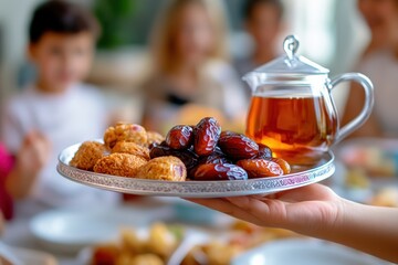 A child joyfully carries a silver tray filled with dates, tea, and sweets to the table for an Iftar meal. In the background, family members gather around, celebrating together during Ramadan