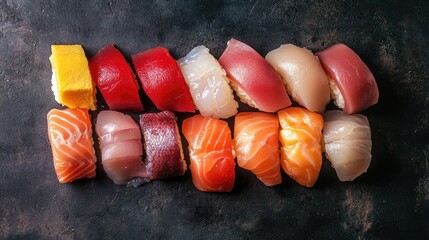 Poster - Assorted sushi selection on dark background elegant presentation for gourmet dining healthy meal options with vibrant colors and textures