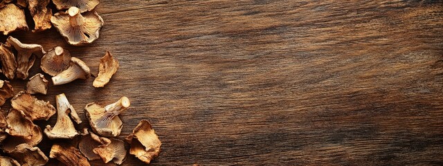 Poster - Dried Mushrooms on Wooden Surface Rustic Cooking Ingredients with Empty Space for Customized Text or Recipe Additions