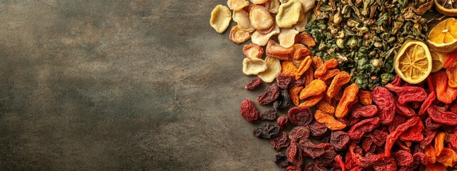 Poster - Dried Fruits and Vegetables Background with Blank Space for Text Ideal for Natural Food Advertisements and Healthy Recipe Promotions