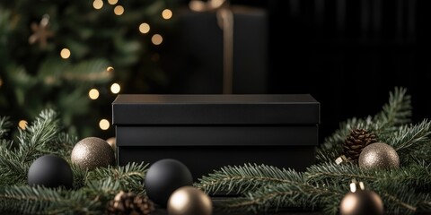 Aufkleber - Elegant black gift box surrounded by pine branches and ornaments on a festive background with space for seasonal text or greeting.