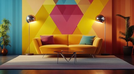 Poster - A vibrant living room featuring a yellow couch, colorful geometric wall, stylish lamps, and decorative plants, creating a modern, inviting atmosphere.
