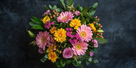 Poster - Elegant flat lay of a vibrant pink and yellow flower bouquet on a dark background with empty space for customizable text or graphics