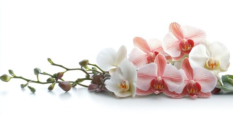 Poster - Elegant floral arrangement featuring pink and white orchids on a white background with ample empty space for text or branding.