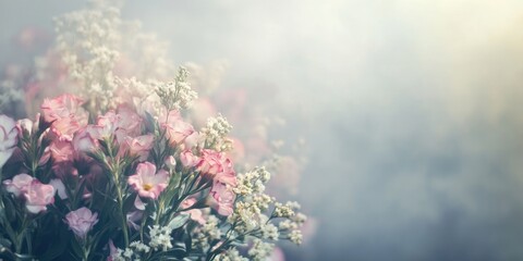 Poster - Serene floral composition in a misty garden environment featuring soft pink blooms and ample empty space for text and design elements