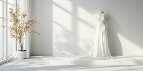 Poster - Elegant bridal gown showcased in a bright shop setting with natural light and minimalist decor for customizable text space.