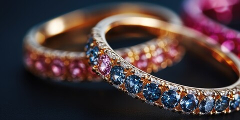 Poster - Elegant close-up of gemstone rings featuring intricate designs on a dark background with ample space for text or promotional content