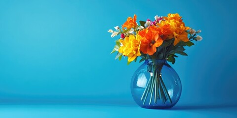 Leinwandbilder - Vibrant bouquet in elegant glass vase against a blue background with empty space for text and design elements