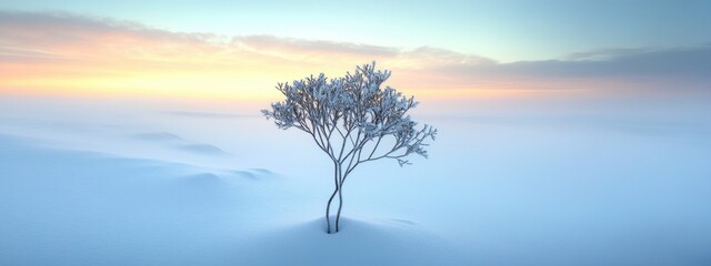 Aufkleber - Dried plant silhouetted in snowy fog at sunset creating a serene and minimalist winter landscape with ample space for text