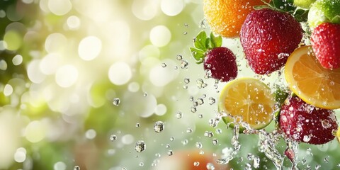 Aufkleber - Vibrant Fresh Organic Fruits with Water Splashes on a Bright Background Ideal for Health and Wellness Promotions with Copy Space for Text