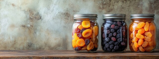 Poster - Assorted dried fruits in glass jars on wooden countertop with blank space for text background healthy snack concept