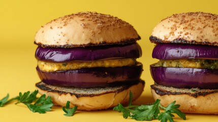 Poster - Mediterranean Aubergine Macaroon Inspired Snack in Sandwich Form on Vibrant Yellow Background