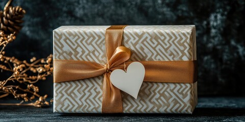 Aufkleber - Elegant gift box adorned with gold ribbon and heart tag creating a festive atmosphere with blank space for personalized text or message
