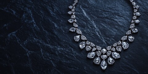 Poster - Elegant diamond necklace featured on dark textured background with ample copy space for luxury text or promotional message.