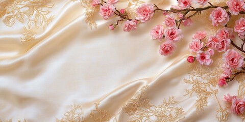 Aufkleber - Elegant fabric draped with pink flowers and intricate gold embroidery offering ample space for customization or text placement