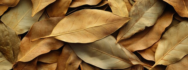 Fototapete - Dried bay laurel leaves texture background with ample space for text showcasing natural herbs and spices in culinary applications