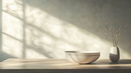 Fototapete - Modern minimalist loft interior showcasing neutral tones, sleek furniture, and soft shadows for a sophisticated ambiance with copy space.