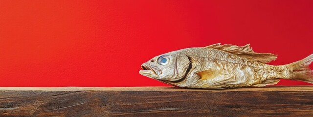 Poster - Dried fish on wooden table with vibrant red backdrop and ample space for text or design elements