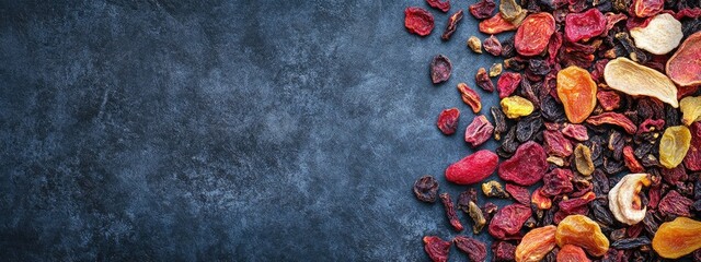 Leinwandbilder - Dried Fruits Colorful Background with Empty Space for Text in Top View Close-Up Arrangement Ideal for Healthy Snack Promotions