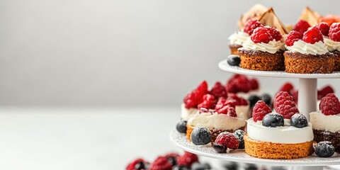 Aufkleber - Elegant Dessert Stand with Berry Topped Treats and Whipped Cream Perfect for Invitations and Food Promotions