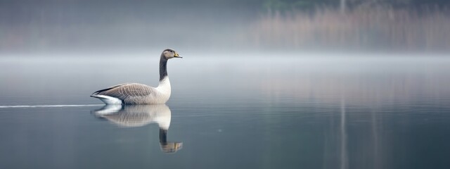 Aufkleber - Serene Grey Goose Gliding on Calm Lake Surface with Misty Reflections and Ample Copy Space for Text or Branding